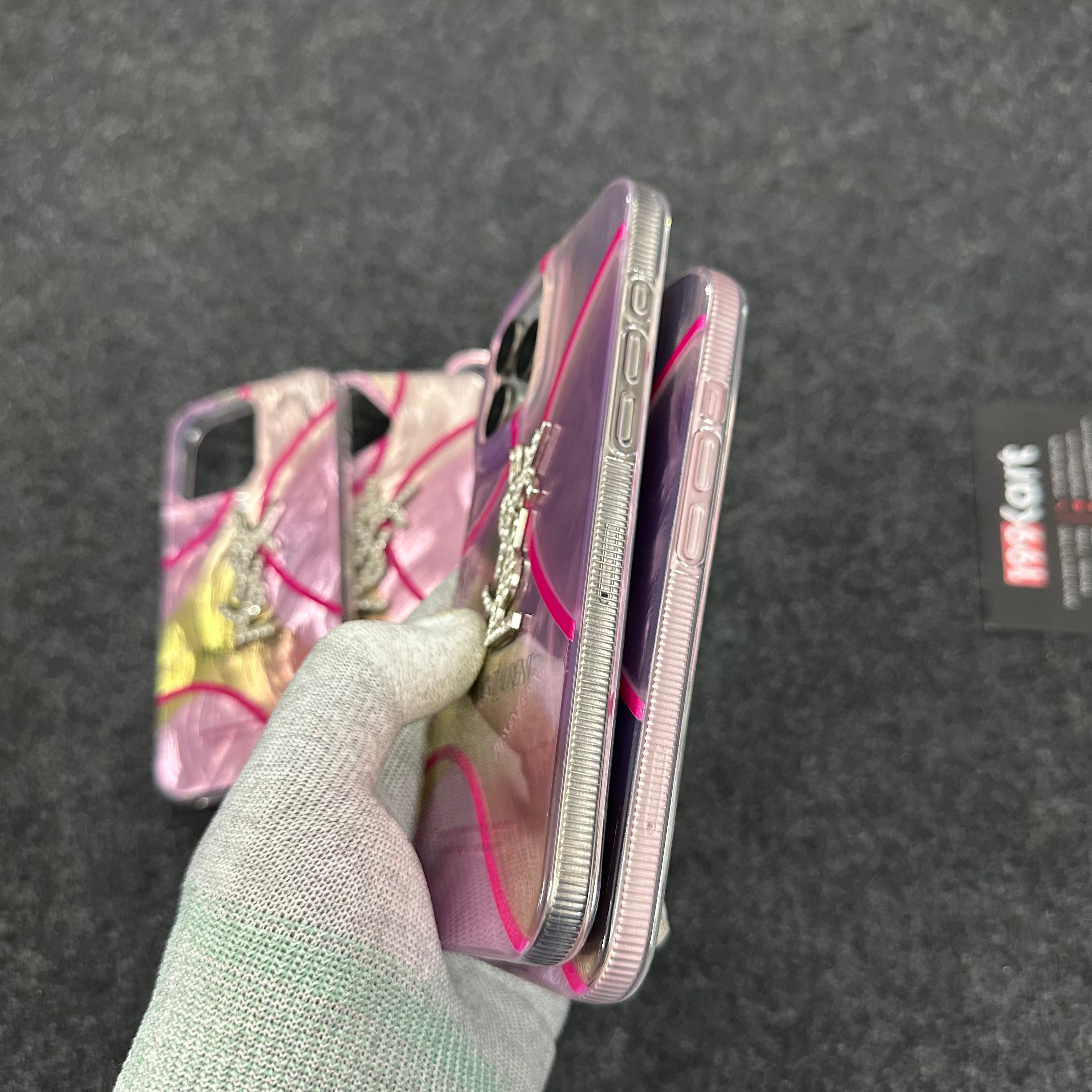 Sleek YSL inspired iPhone case, iphone 16 cover designed with a textured embossed logo and metal detailing for a sophisticated touch.