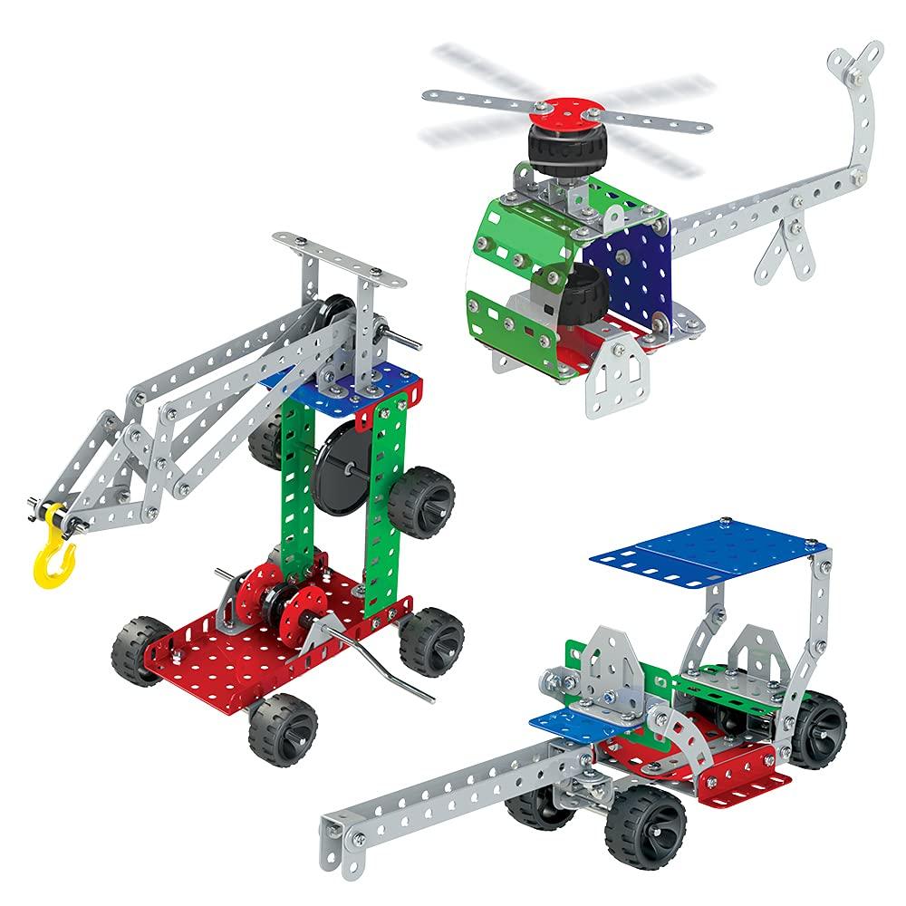 A vibrant collection of metal parts construction toys, including a helicopter, crane, and assorted vehicles, ready for imaginative play