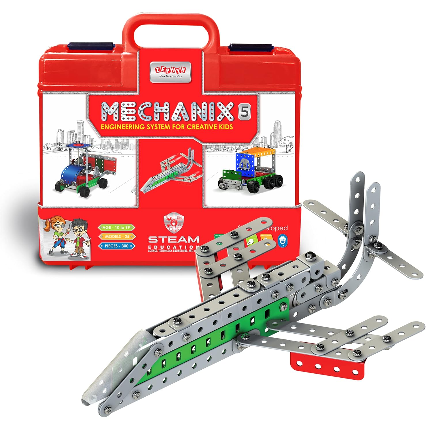 A red box containing the Mechanix 8 set, featuring a colorful toy airplane ready for imaginative play
