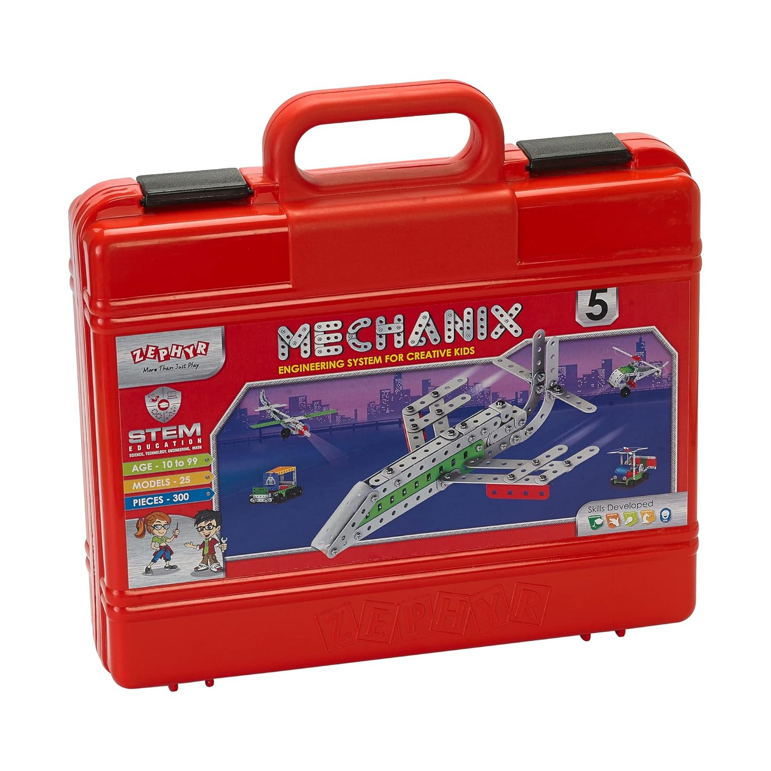 A red case containing a colorful mechanical toy, showcasing intricate gears and playful design