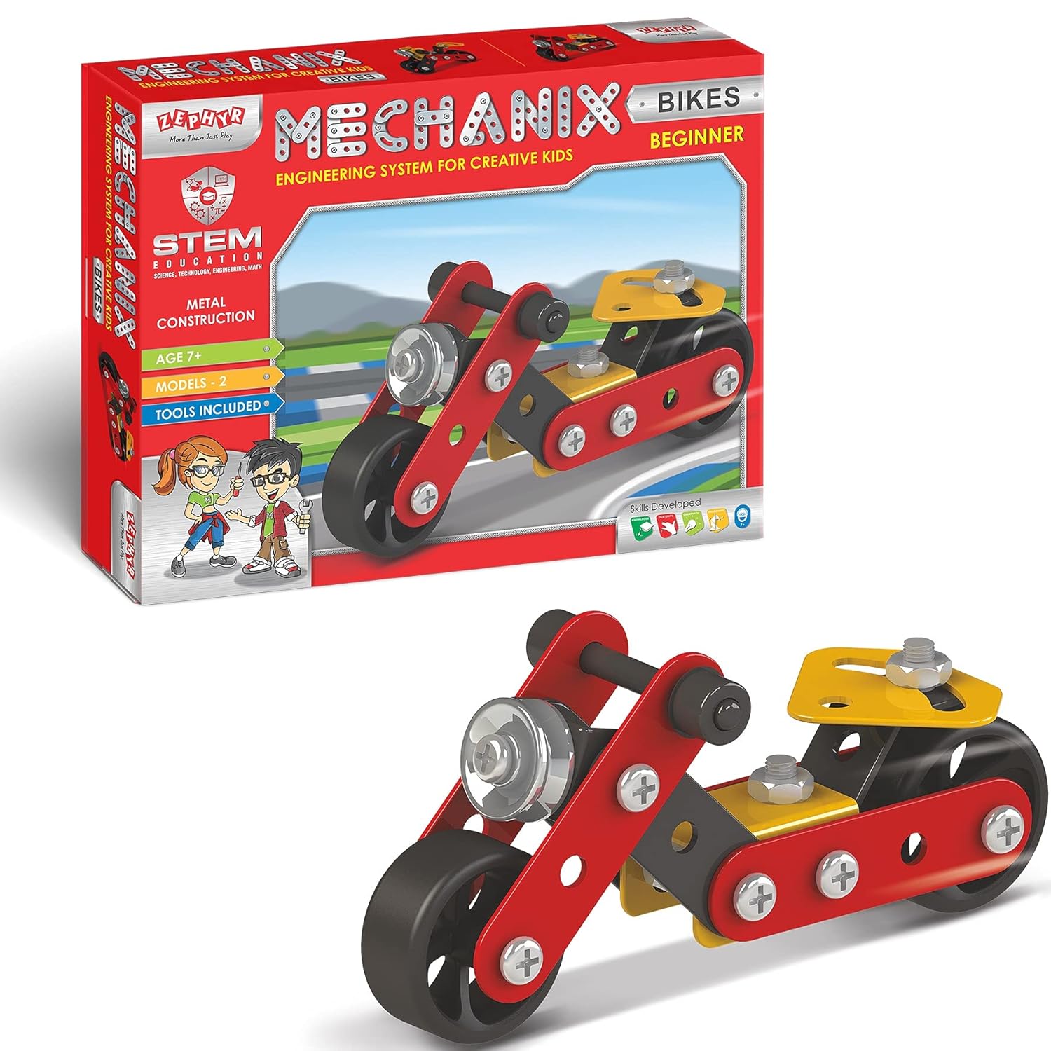 A vibrant toy motorcycle, positioned near a bright box, perfect for imaginative play