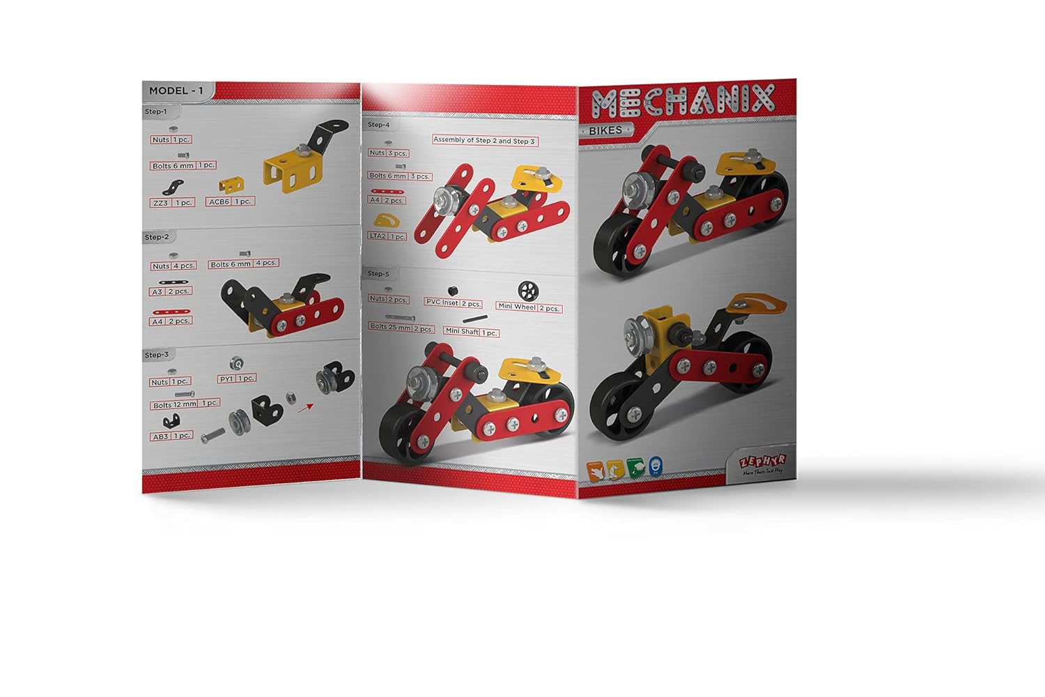 Instruction for a toy motorcycle, showcasing step by step assembly and usage guidelines with vibrant illustrations