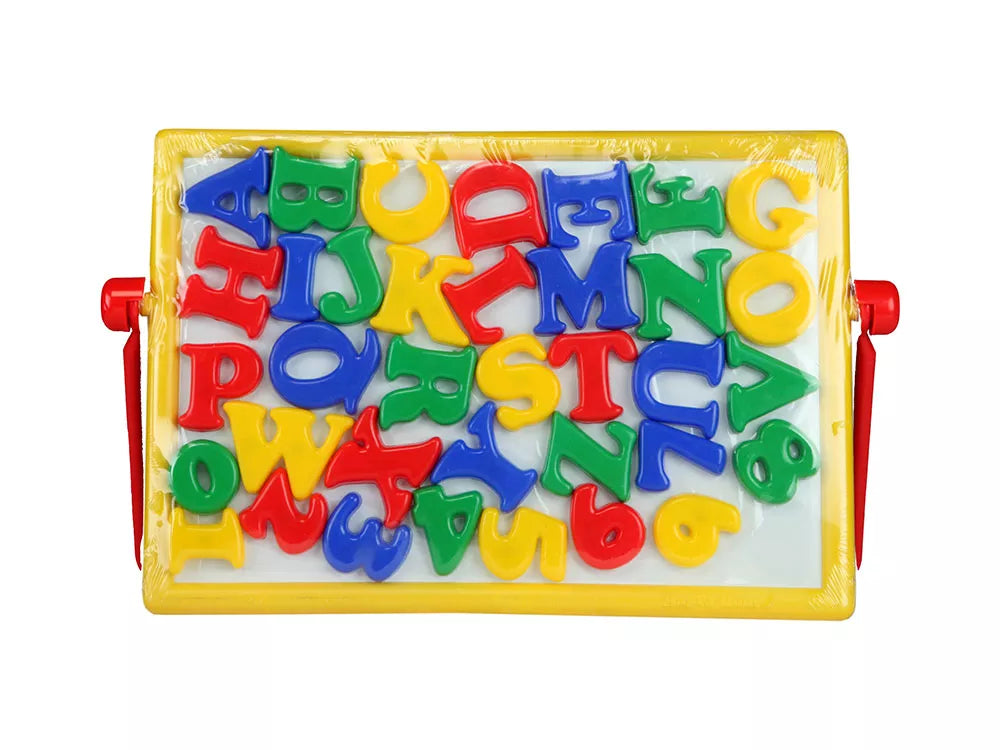 Colorful magnetic letters on a board for creative and educational play