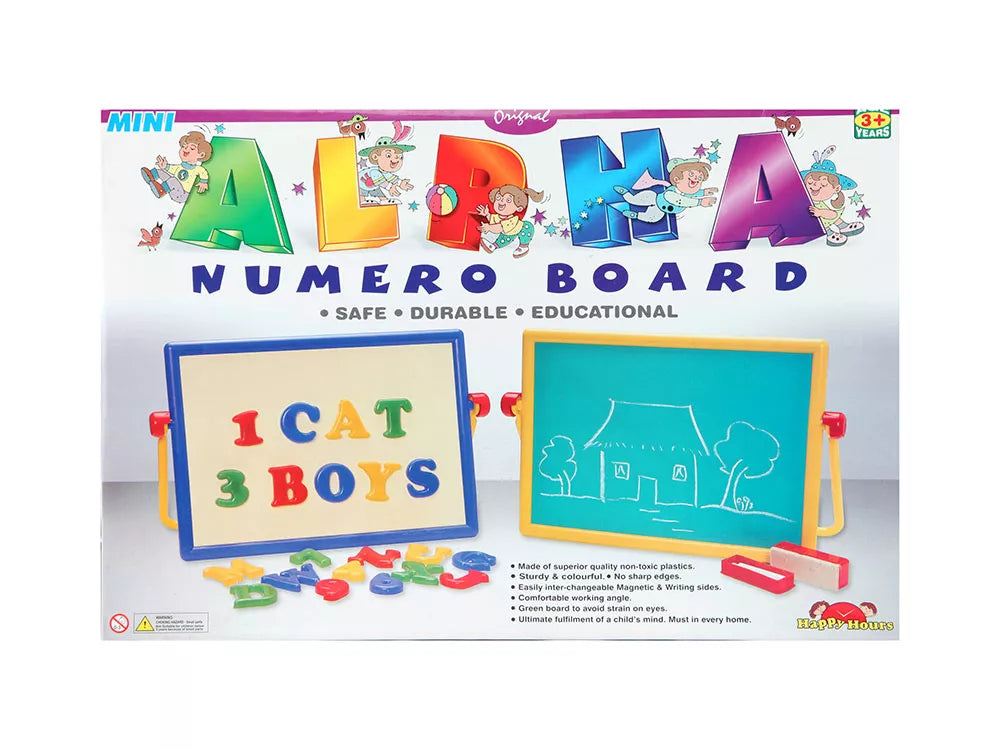 ALPHA Numero Board educational toy set, featuring a magnetic writing board with colorful letters and numbers