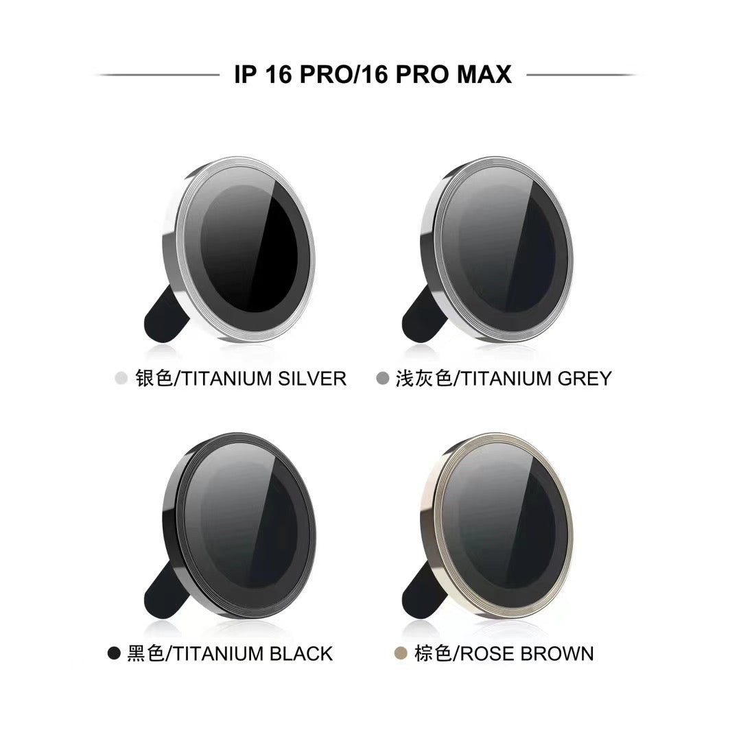 A set of premium camera lens for iphone for iPhone 16 Pro and 16 Pro Max, available in Titanium Silver, Titanium Grey, Titanium Black, and Rose Brown finishes for stylish and durable lens protection.