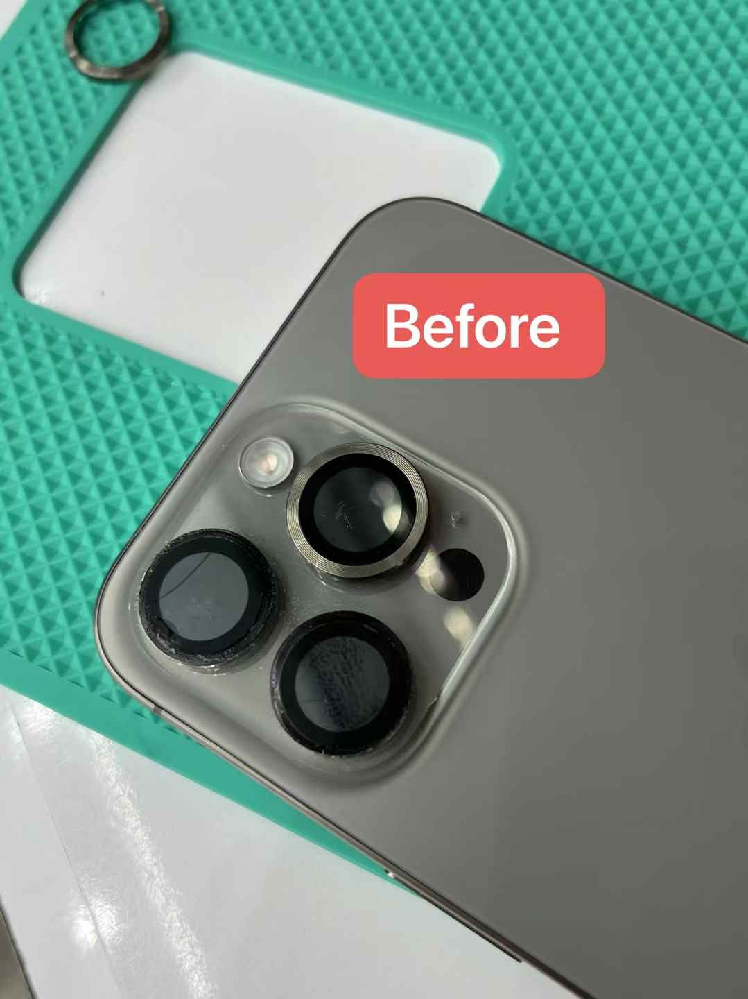 before Close up view of a unprotected iphone lens camera before installing a camera lens protector