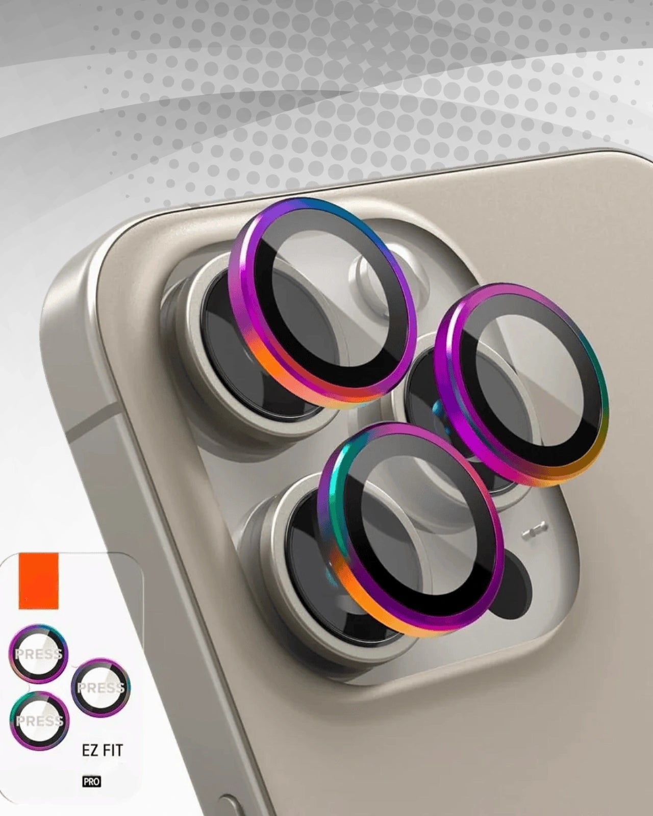 A stylish and durable iphone camera lens with a multicolor rainbow finish, designed for iPhone Pro models, providing scratch and dust resistance