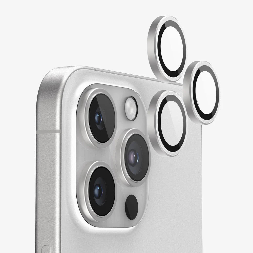 A sleek white titanium iphone camera lens for iPhone 16 Pro and Pro Max, ensuring ultimate scratch resistance and clarity.