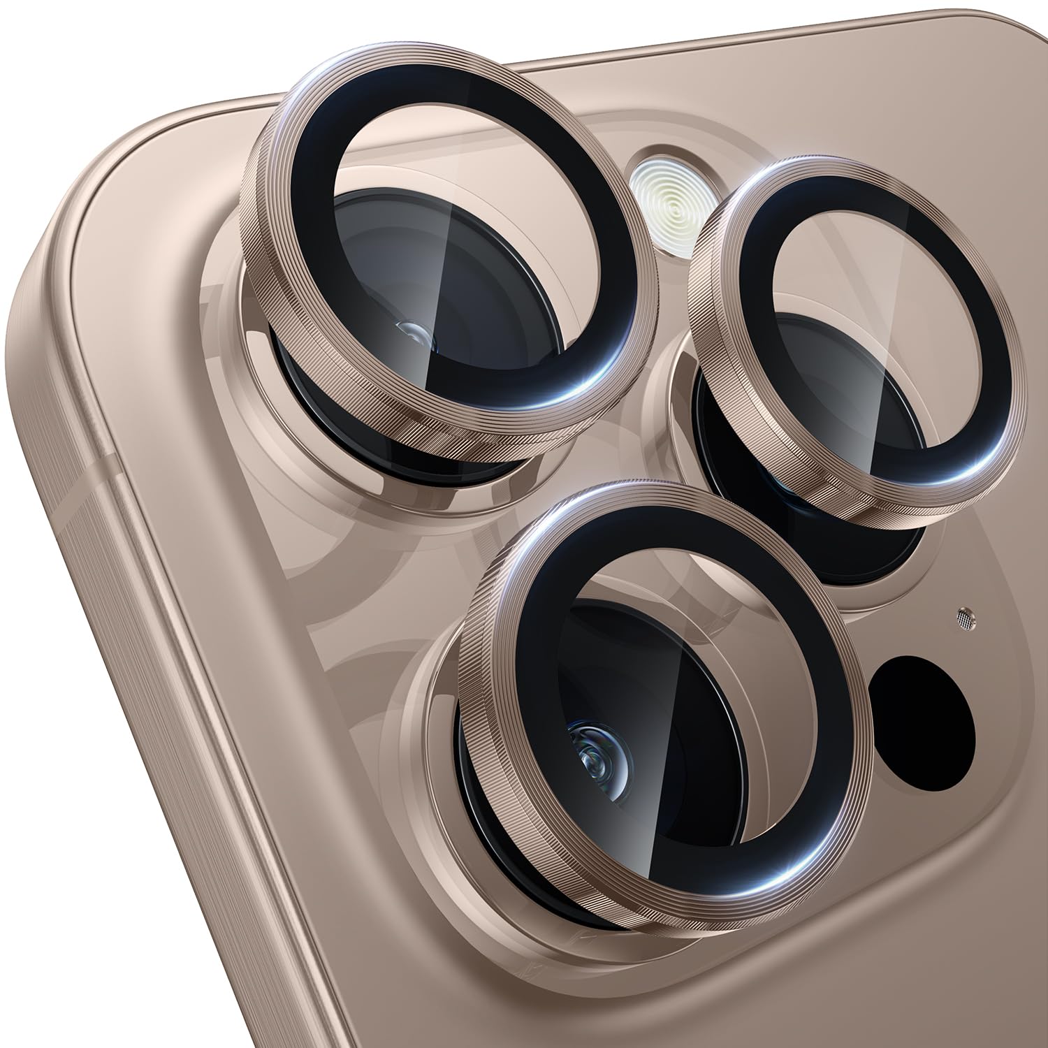 A high quality desert titanium iphone camera lens designed to safeguard the lenses of iPhone 16 Pro and Pro Max from scratches and dust.