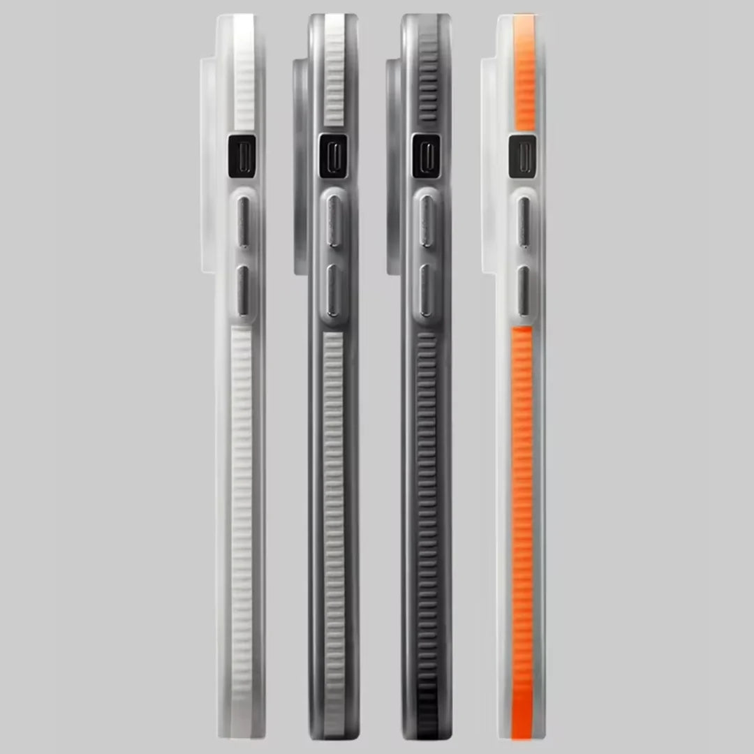 Shockproof iPhone case for iphone 16 pro max cover with reinforced side grip, available in white, silver, black, and orange accents. Durable mobile cover with textured edges for a secure hold and enhanced protection