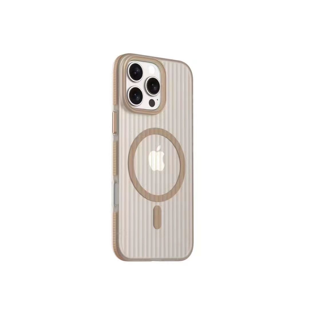 A sleek, clear corrugated iPhone cover for iphone 16 pro max cover with textured stripes and MagSafe compatibility for seamless wireless charging