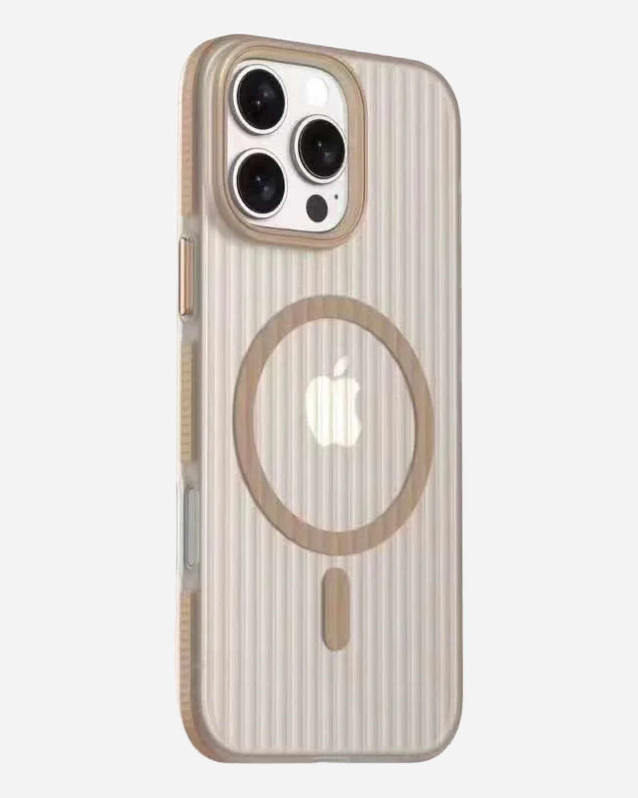 A sleek, clear corrugated iPhone cover for iphone 16 pro max cover with textured stripes and MagSafe compatibility for seamless wireless charging