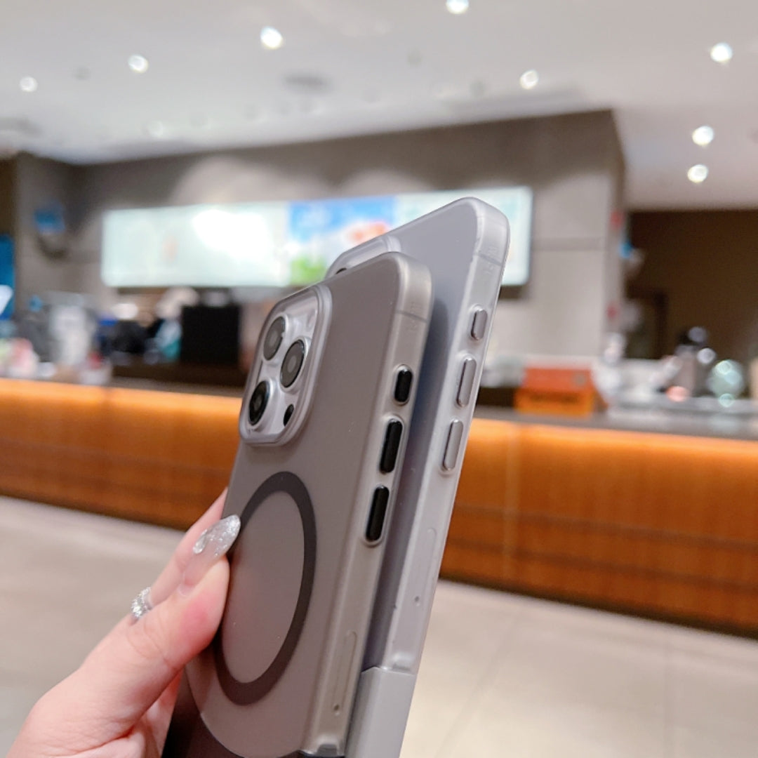 A pair of MagSafe iPhone cases in soft matte finish, one in black and another in white, iphone 16 pro max cover offering a premium look with magnetic charging support