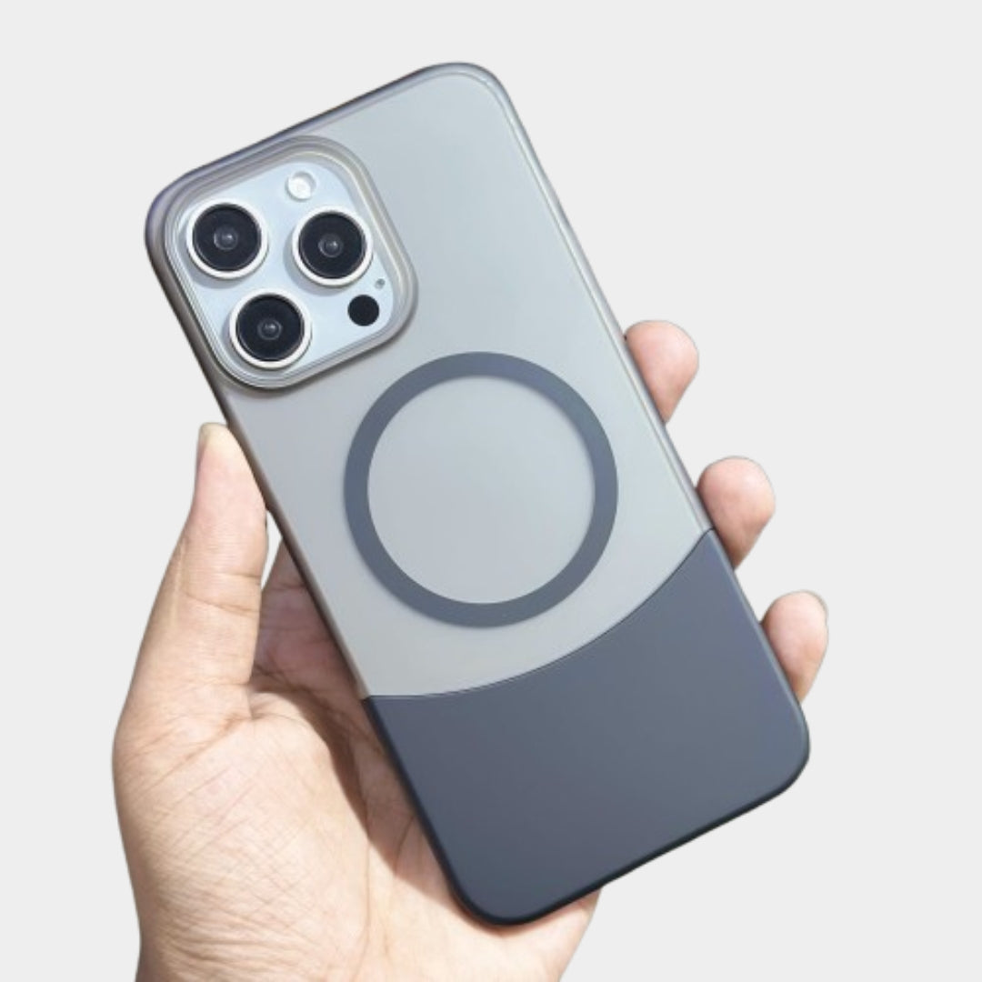 Dark grey dual tone iPhone cover for iphone 16 pro max cover with matte finish and magnetic ring support ultra thin detachable iPhone case offering premium style and protection for Apple devices.