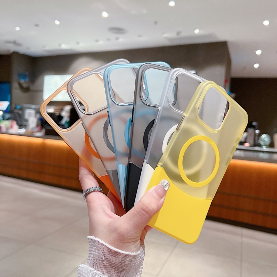 Set of semi transparent iPhone covers for iphone 16 pro max cover with vibrant colored bottoms and magnetic ring support premium apple cover collection in yellow, orange, blue, grey, and black tones