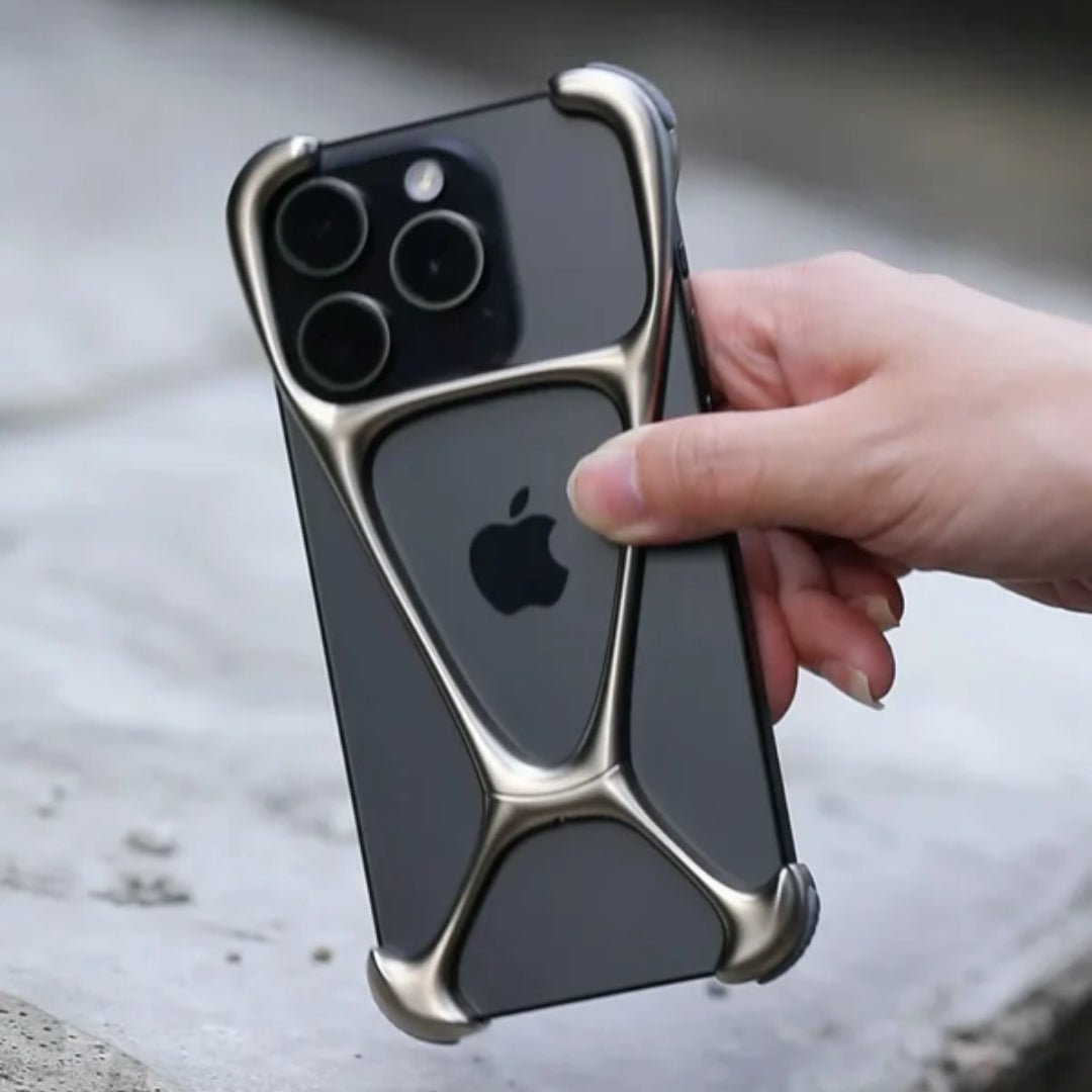 Gold minimalist iPhone cover for iphone 15 pro max cover with sturdy metal frame, offering reinforced corner grip and a luxury open frame aesthetic