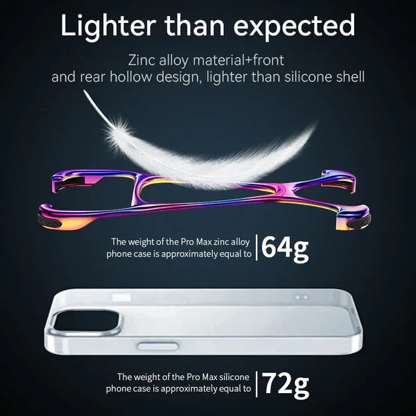 Comparison image showing ultra light zinc alloy iPhone case vs silicone case highlighting lightweight metal mobile covers iphone 15 pro max cover