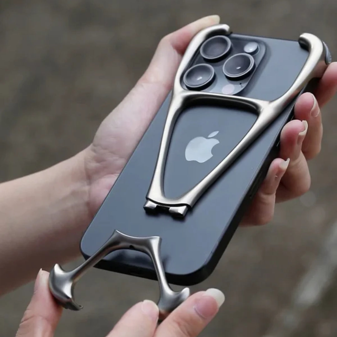 Snap on gold alloy frame iPhone case being attached to device, iphone 15 pro max cover emphasizing lightweight design and corner safety