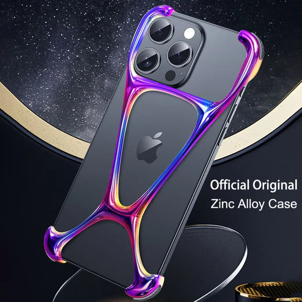 Vibrant metallic purple blue iPhone case with open frame design, iphone 15 pro max cover showcasing apple logo lightweight and protective iPhone cover