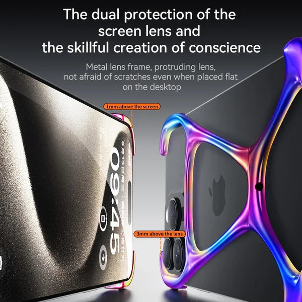 apple cover with Dual lens and corner protection shown with iridescent purple metal iPhone frame case for iphone 15 pro max cover