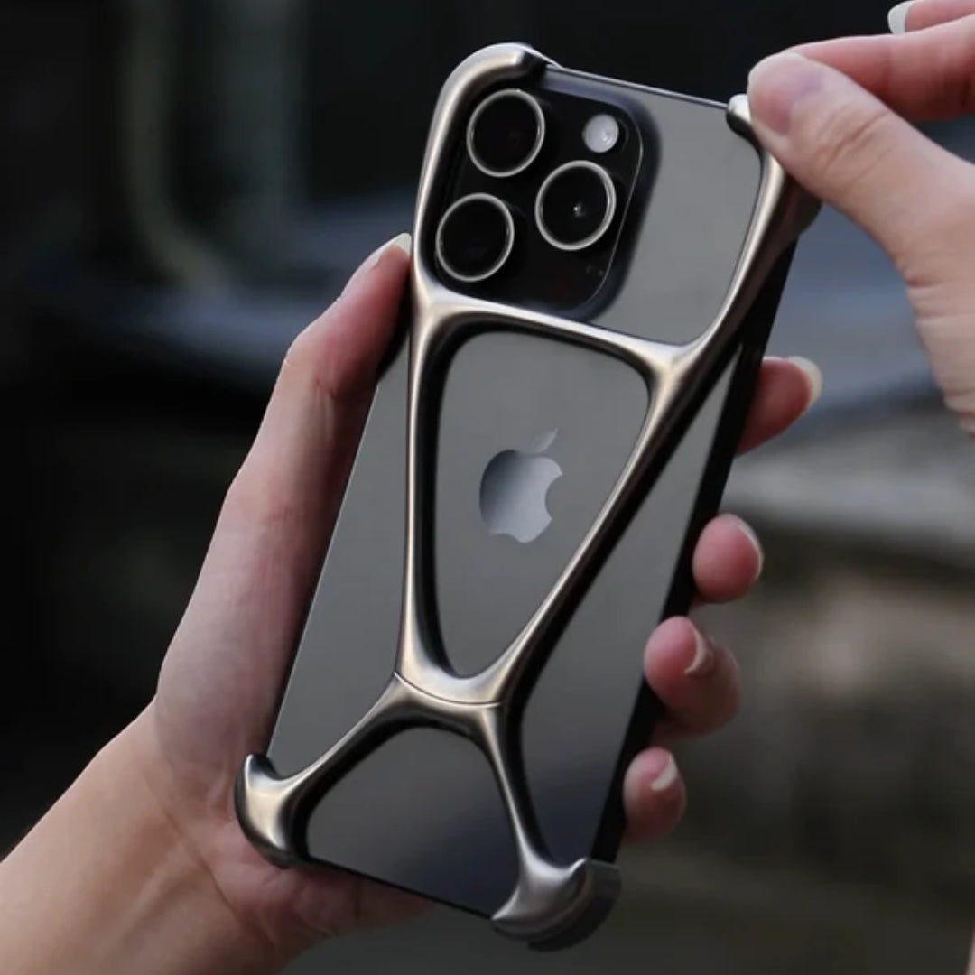 Minimalist metallic iPhone case with gold finish, iphone 15 pro max cover showcasing premium edge protection and a stylish open back design