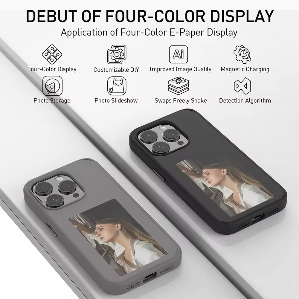 Smart iPhone cover for iphone 15 pro max cover featuring a four color E Paper screen for displaying custom images, powered by NFC