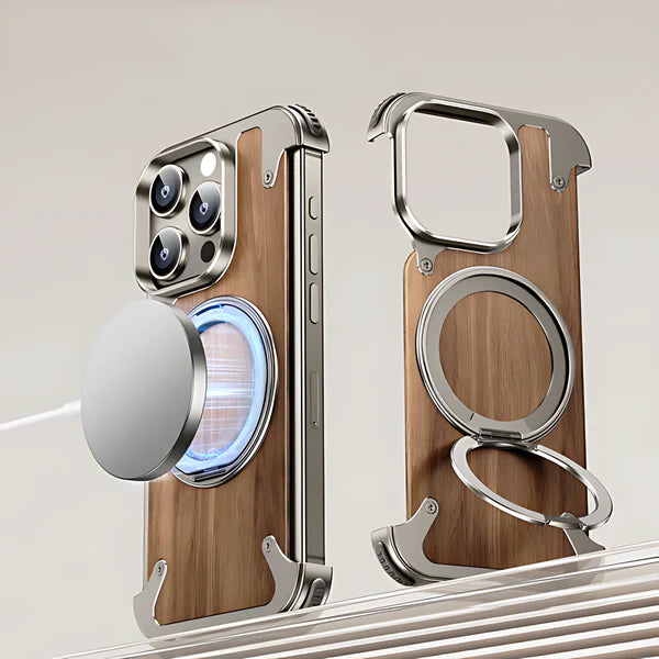 Snap on wooden iPhone case fpr iphone 15 pro cover with silver ring grip shown with magnetic charging support sleek apple case