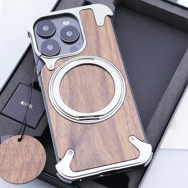 Polished wood iPhone case with iphone 15 pro cover in silver frame with built in ring grip protective and aesthetic iPhone cover