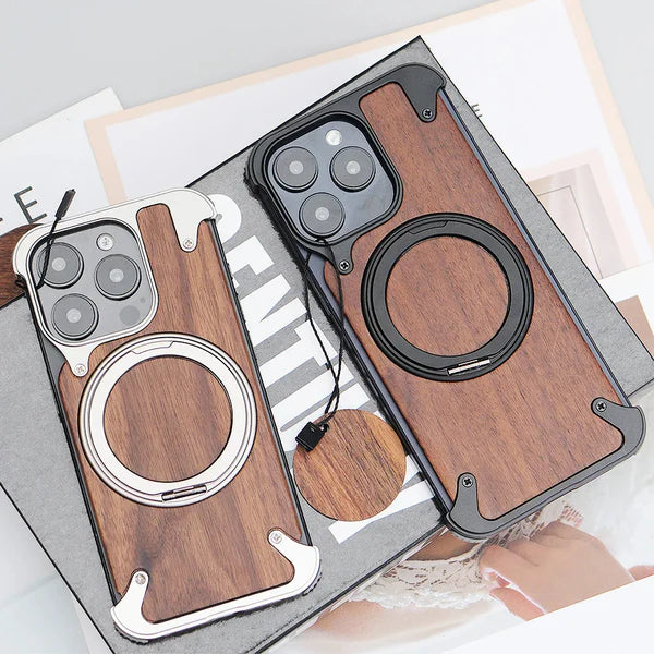 Set of two wooden iPhone covers for iphone 15 pro covers featuring MagSafe compatible design in black and silver trim