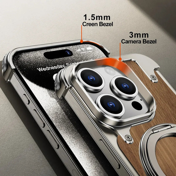 Close up of wooden texture iPhone cover for iphone 15 pro covers featuring 1.5mm screen bezel and 3mm camera bezel for extra protection premium apple cover with raised edges.