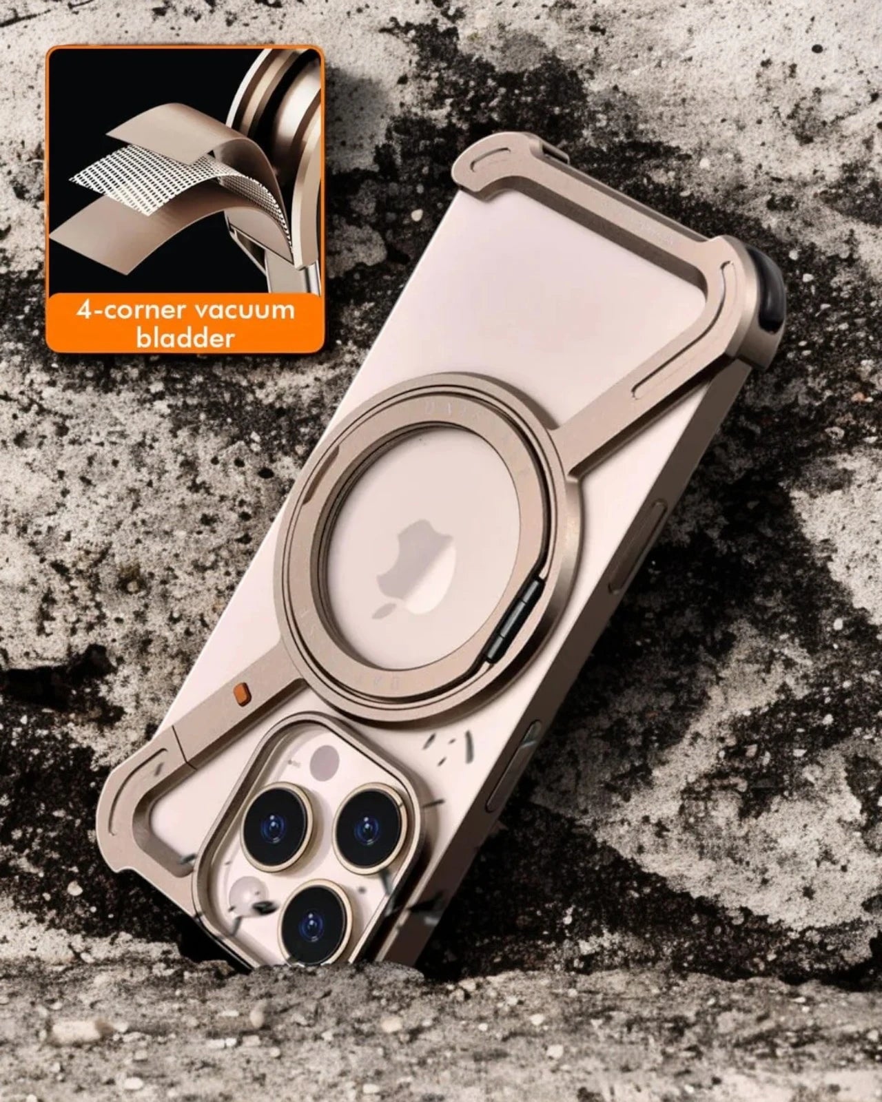 Transparent mobile cover with reinforced corners and rose gold magnetic ring, iphone 16 pro max cover designed for drop protection.