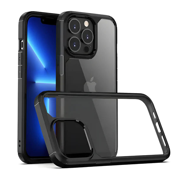 Transparent back iPhone case with a rugged black bumper, iphone 13 pro max cover showcasing the rear Apple logo and camera design.