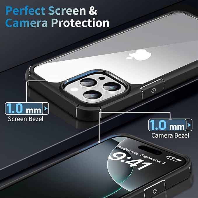 Shockproof iPhone cover with raised bezels offering 1.0mm protection for both screen and camera areas.