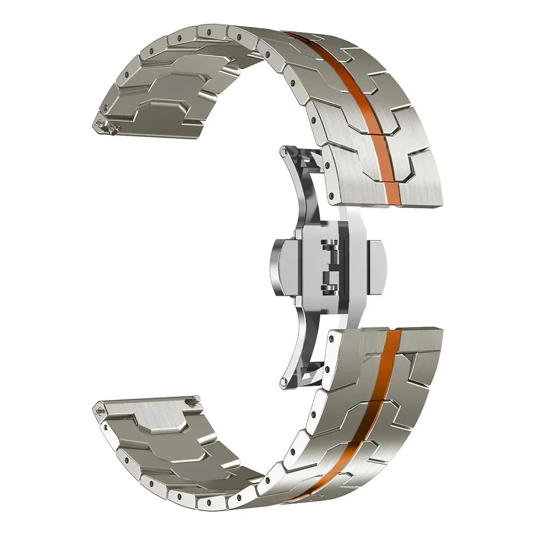 close up view of the titanium Apple Watch strap with orange stripe, showcasing its sturdy metallic clasp and segmented links.