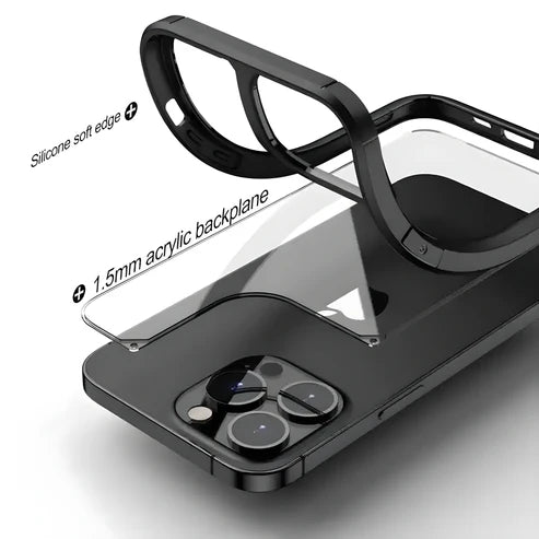Exploded view of a hybrid iPhone case with 1.5mm acrylic back and silicone soft edge, iphone 13 pro max cases revealing shockproof iPhone back cover construction.