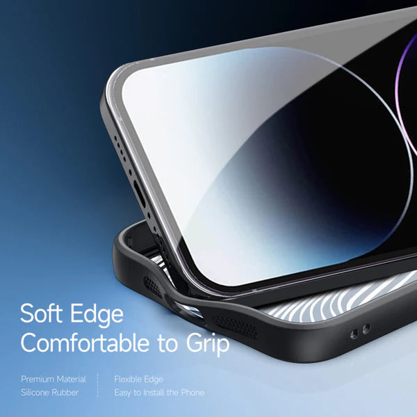 Black silicone bumper case for iPhone showing a close up of soft edges designed for a comfortable grip and easy installation, ideal as an iPhone cover for iphone 14 pro max back cover