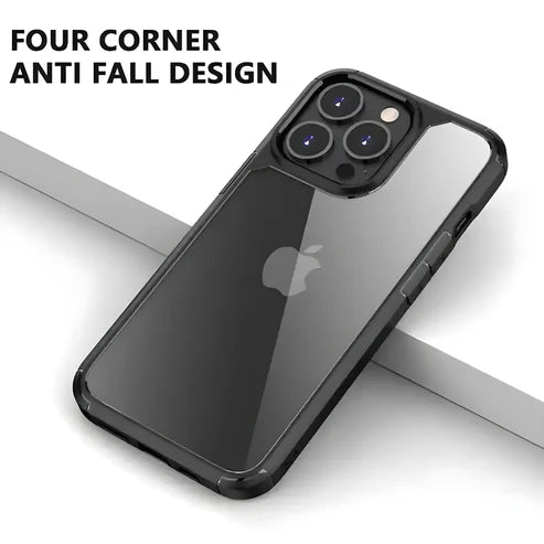 Black bumper edge iPhone cover with transparent back, showcasing four corner anti fall design for iphone 15 pro max back cover