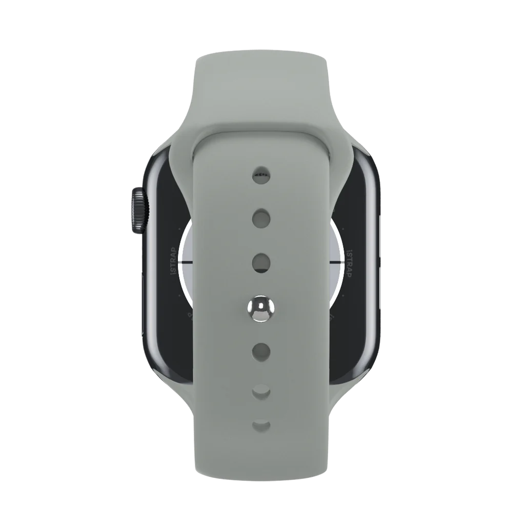 Rear view of an apple watch straps featuring a matte grey silicone band with multiple adjustment holes