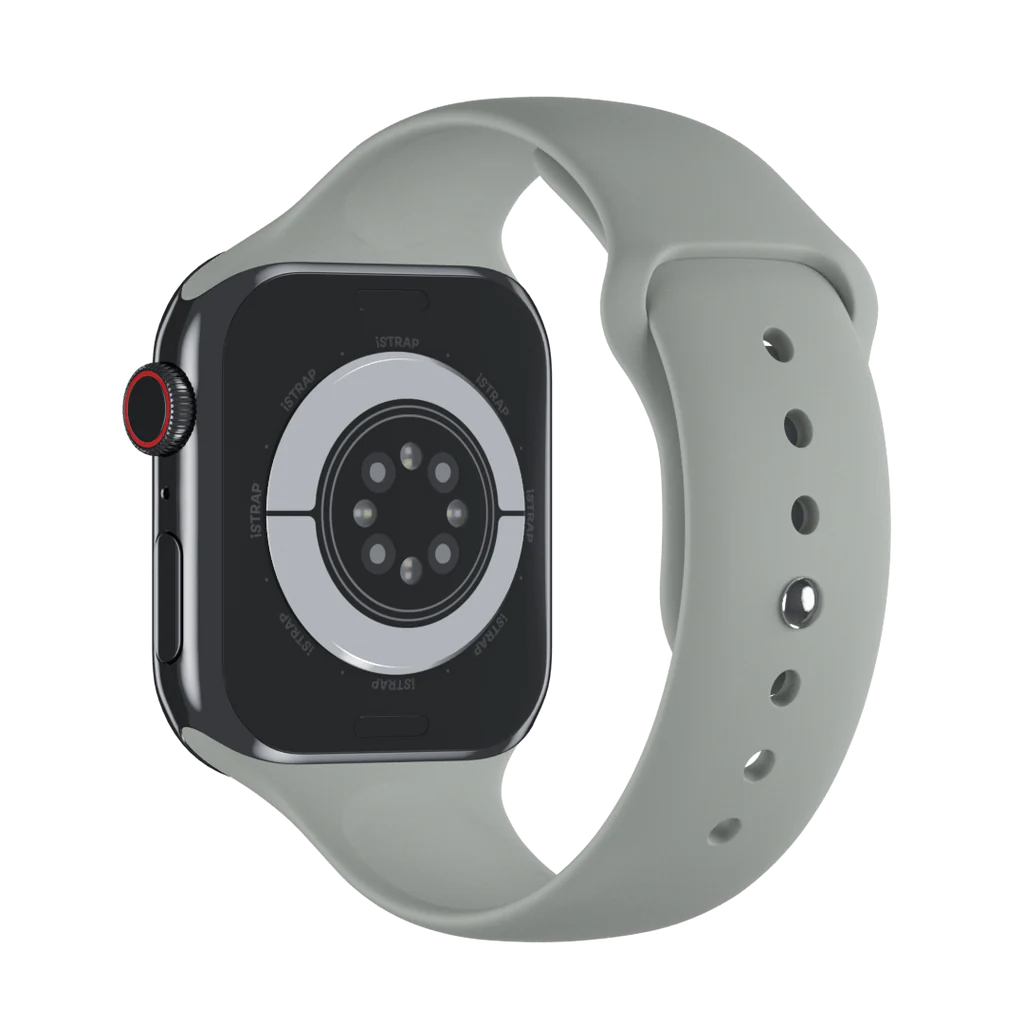 A sleek apple watch straps with a grey soft silicone strap, shown from the back to highlight the sensor and strap holes