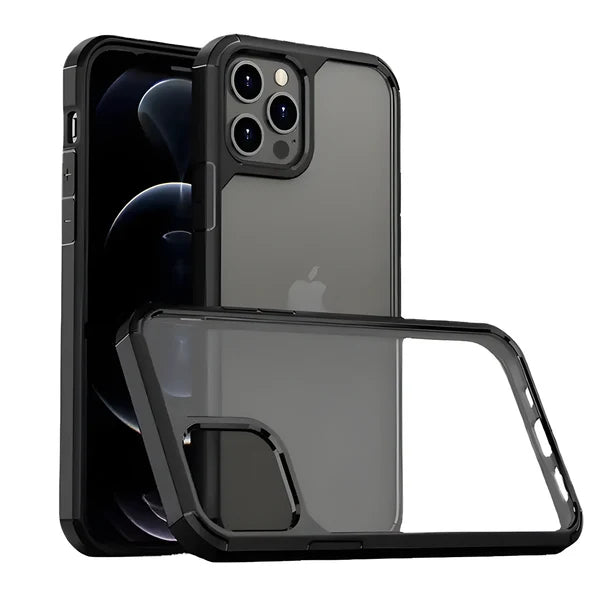 Black edge Apple cover featuring a transparent hard back, showing dual layer structure for iphone 12 pro cover built for style and defense.