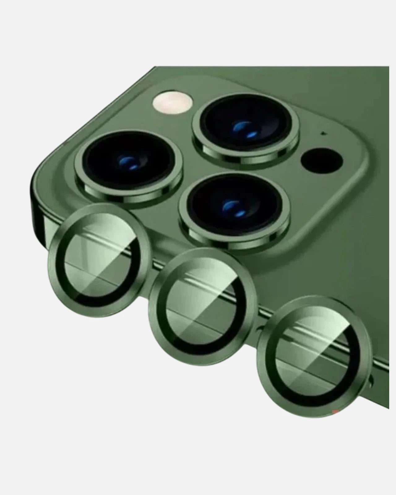 A premium metallic green camera lens for iphone that blends perfectly , offering scratch protection and a stylish look.