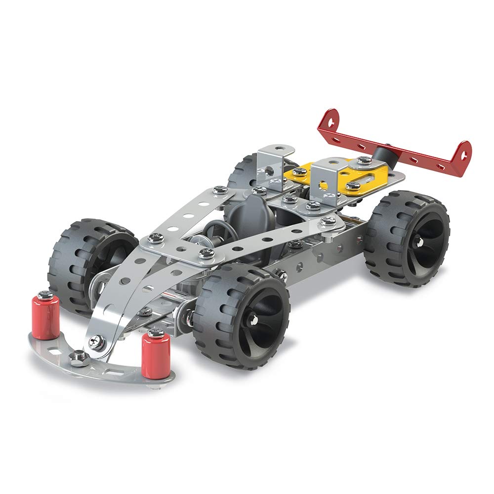 Formula style race car model assembled with metal components and rubber wheels