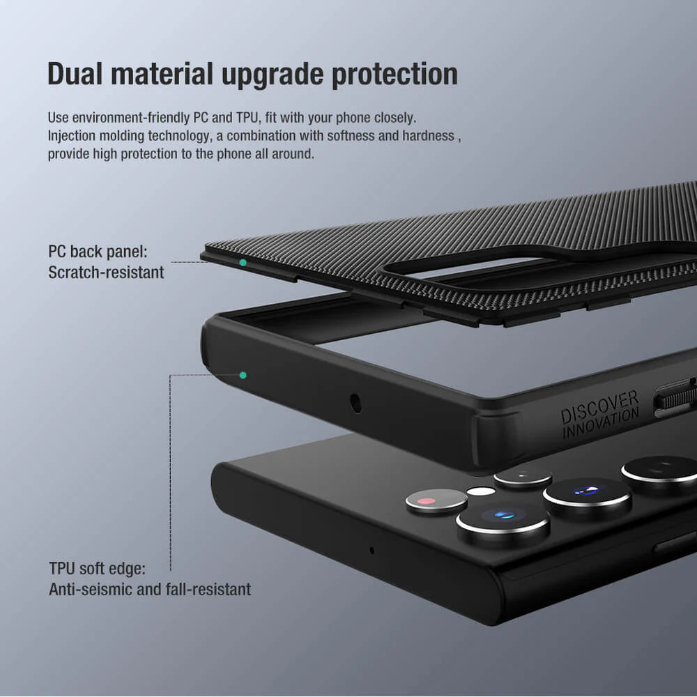 Exploded view of the Nillkin duallayer Samsung cover showcasing its scratch resistant PC back and shock absorbing TPU edge for s22 ultra back cover