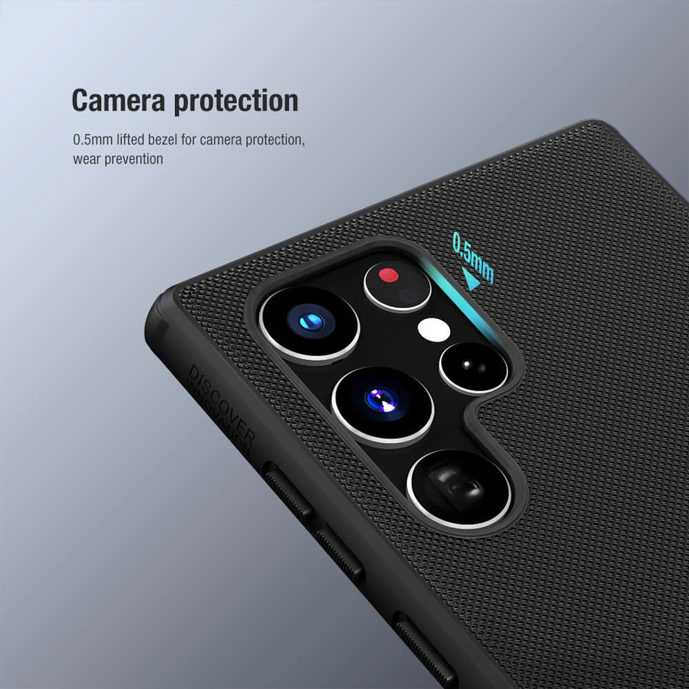 Close up view of a Samsung covers in a Nillkin black protective mobile cover showing raised bezels for camera protection for s22 ultra back cover