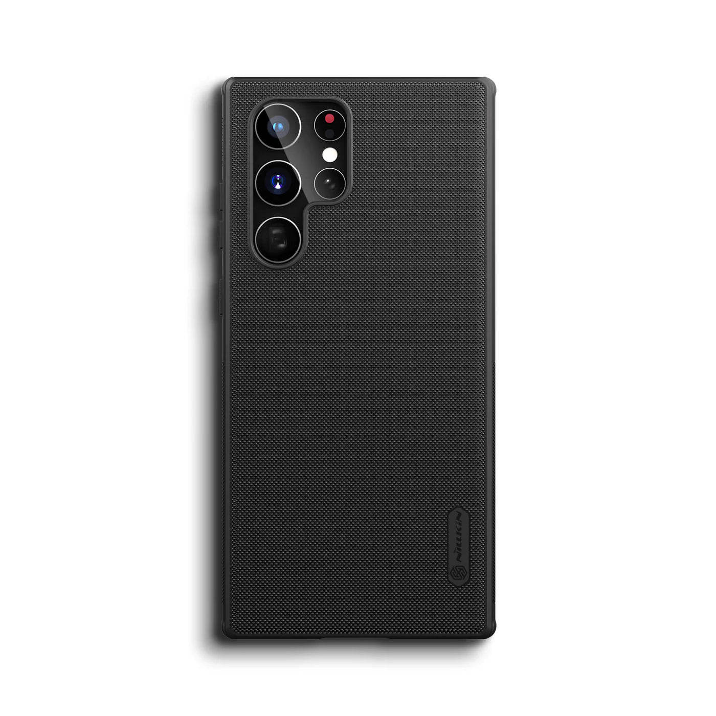 Rear view of the black Nillkin Samsung cover highlighting its anti slip texture and camera lens protection ring for s22 ultra back cover