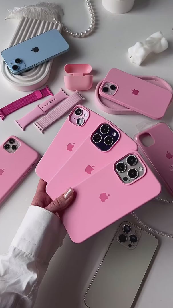 pink iPhone covers with a matching Apple Watch strap and AirPods case, all iphone 16 cover featuring a coordinated pastel design ideal for a cohesive Apple accessories look.