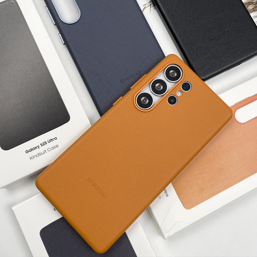 Stylish tan brown mobile covers fitted on Samsung Galaxy S25 Ultra designed for camera protection and elegant aesthetics.