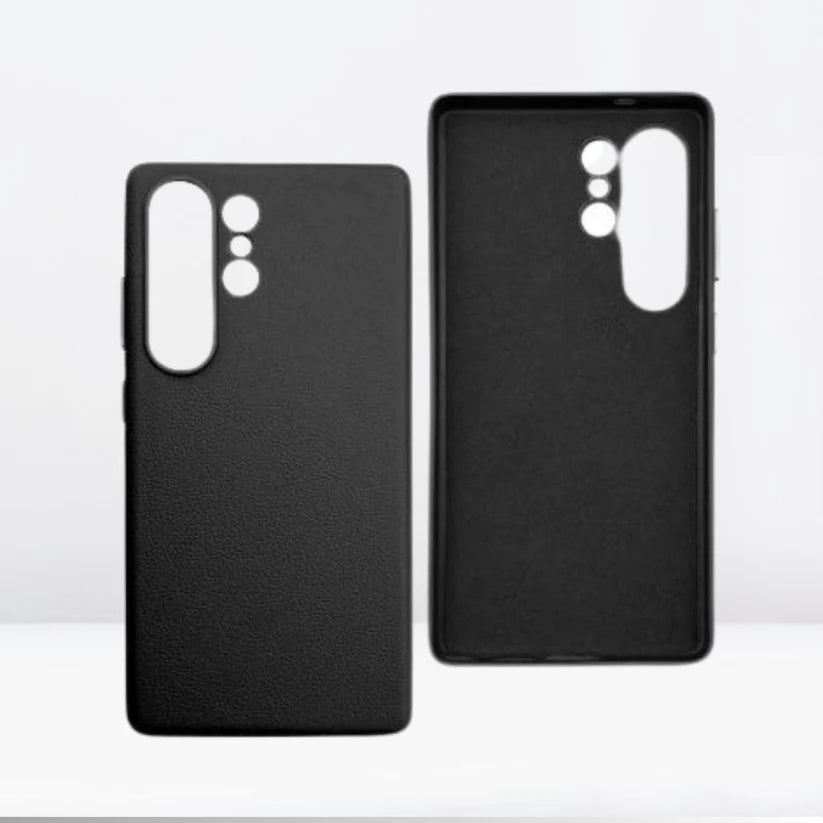 Matte black mobile covers for Samsung Galaxy S25 Ultra with precise cutouts and soft leather feel.