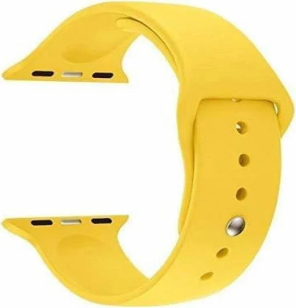 Yellow silicone Apple Watch strap displayed in a curved view, revealing both the inner and outer texture