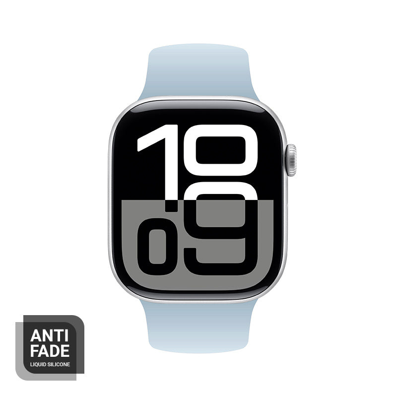 apple watch straps with a light blue silicone strap and anti fade display, showcasing a bold numeric watch face